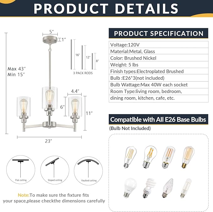 3 Lights Brushed Nickel Chandeliers for Dining Room Light Fixture Over Table, Entryway Chandelier for Foyer, Hallway Lighting Fixtures with Glass Shade for Kitchen Island Foyer Hallway