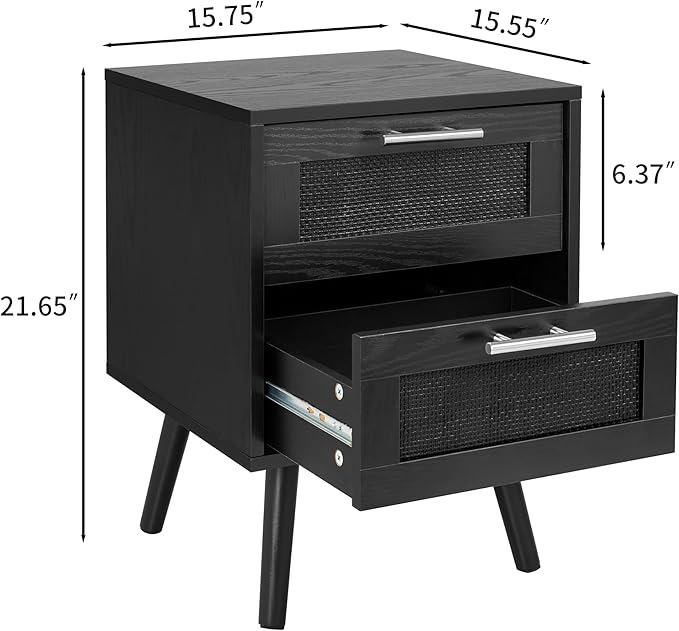 Finnhomy Nightstand, End Table, Side Table with 2 Hand Made Rattan Decorated Drawers, Nightstands Set of 2, Wood Accent Table with Storage for Bedroom, Full Black, 2 Pack