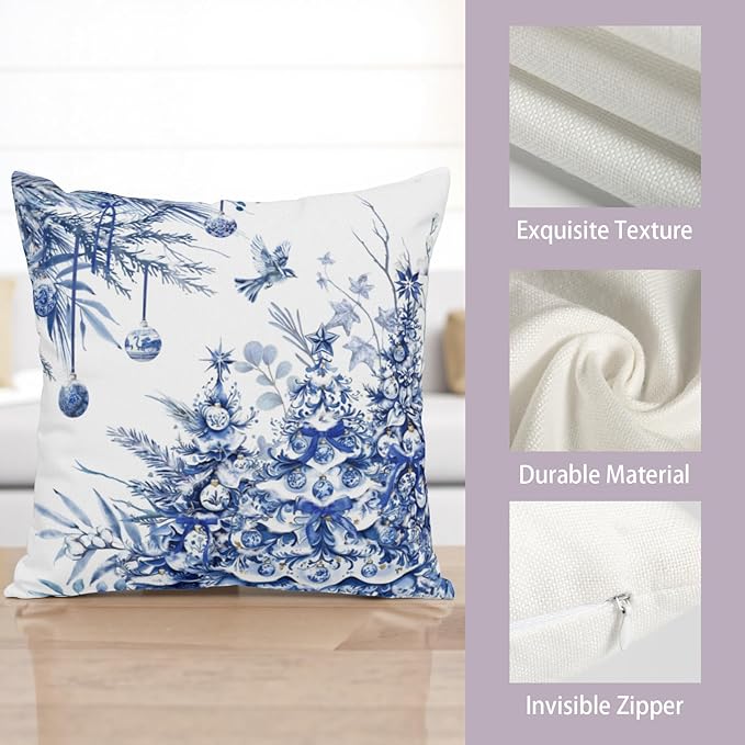 Christmas Tree Pillow Covers 18x18 Set of 2 Winter Blue White Chinoiserie Christmas Decorative Outdoor Throw Pillow Cases Farmhouse Xmas Holiday Pillowcase for Sofa Couch Porch