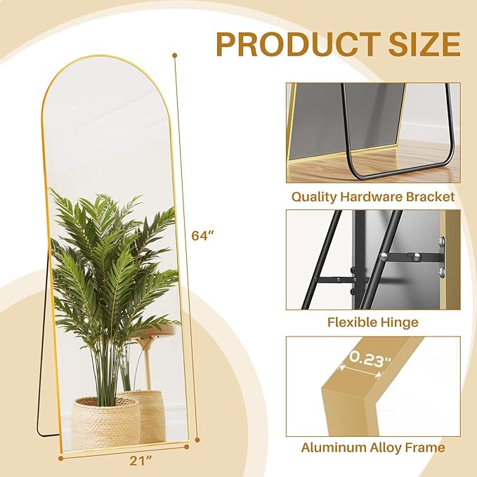 Mirror Full Length 64"x21" Arched Floor Mirror with Stand, Aluminum Alloy Frame & Shatterproof Glass Full Body Mirror, Freestanding Hanging or Leaning Wall Mirrors for Bedroom Closet Living Room