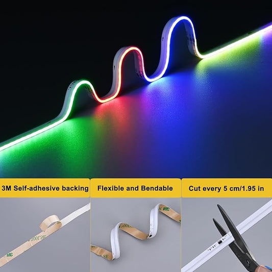 TOPAI 24V COB LED Strip RGB Smart IC, WS2811 Side Emitting 630LEDs/M High Density, 16.4FT, 8mm Width, Self Adhesive Backing, Flexible Multi Color Lighting for Home Decor