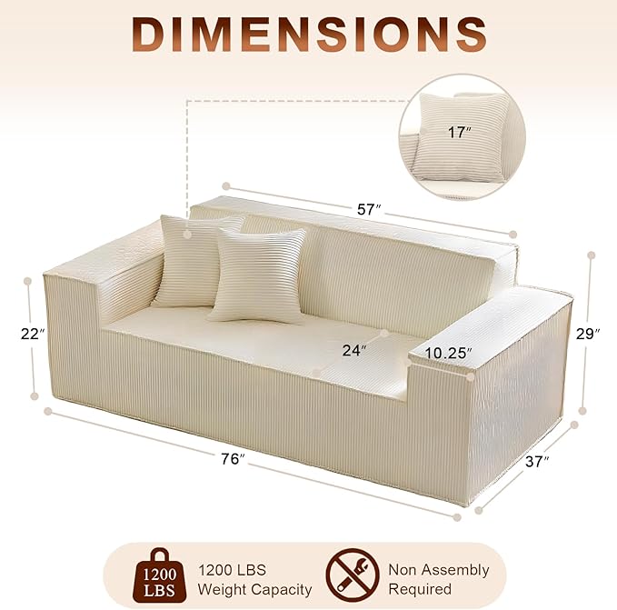 SUYOLS Corduroy Cloud Couch with Pillow, Premium Memory Foam, No Assembly Required, Deep Seat Sofa in Box, Space-Saving Chair for Home, Living Room, Bedroom, Apartment, Office, 3-Seater, Beige