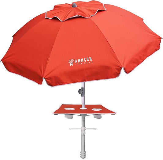 AMMSUN 7ft Heavy Duty High Wind Beach Umbrella with sand anchor Built-in Table Tray Vent Tilt Pole, UPF 50+ Windproof Portable Outdoor Umbrellas Carry Bag for Patio Garden Pool Backyard Red