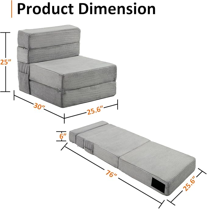 JKMAX Single Size Folding Sofa Bed - 4 in 1 Convertible Sleeper Chair - High Density Memory Foam Futon Couch - Foldable Bed for Living Room Bedroom (Dark Grey)