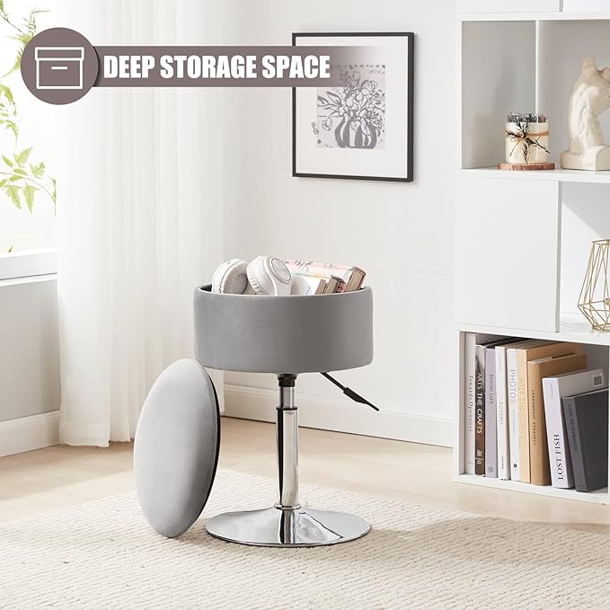 Adjustable Ottoman Stool Grey Vanity Stool Vanity Chair for Makeup Room Stool Chair for Vanity Stool with Storage Makeup Stools with Storage Swivel Makeup Chair for Bathroom Velvet