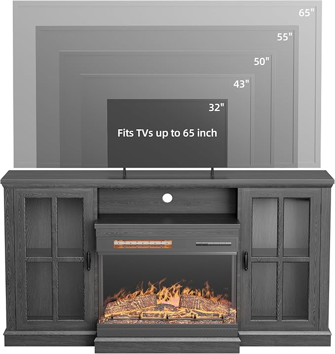 YESHOMY Glass Fireplace TV Stand for Televisions up to 65", Media Entertainment Center Console Table with Doors Closed Storage, Black
