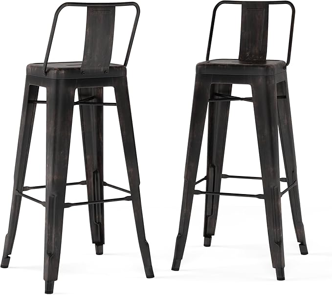 SIMPLIHOME Rayne Industrial Metal 30 inch Bar Stool (Set of 2) in Distressed Black for the Dining Room and Kitchen