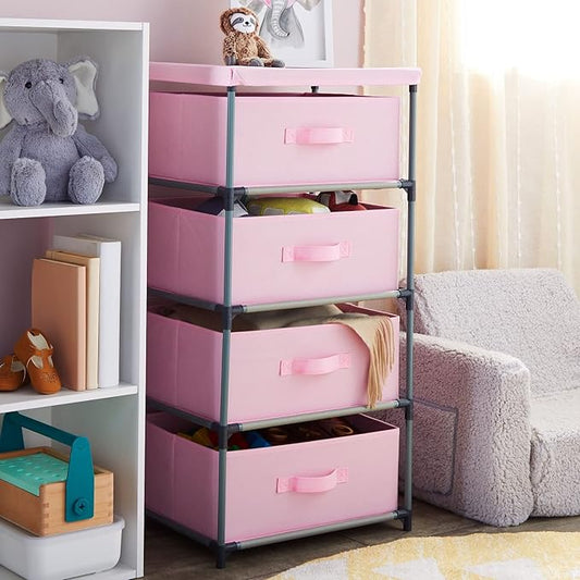 Juvale 4-Tier Dresser for Bedroom - 16.5 x 13 x 33 in, Pink, Modern - Closet Dresser with 4 Fabric Drawers for Clothes & Bedroom Storage