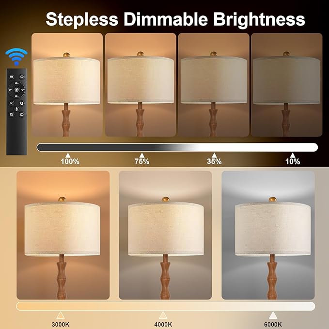 Wood Floor Lamp with 3 Color Temperatures,Boho Floor Lamp with Remote Control,Dimmable LED Floor Lamp Mid Century Modern Standing Lamp Farmhouse Tall Pole Lamp for Living Room Bedroom