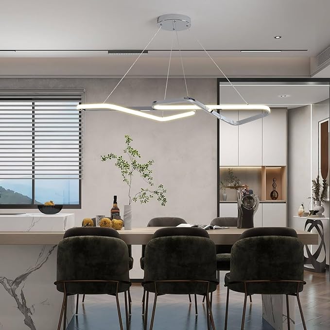 33 in Dimmable Modern LED Chandeliers for Dining Room - Adjustable Height Pendant Light Fixture Over Table, Contemporary Silver Chandelier Light Fixture (Chrome 33")