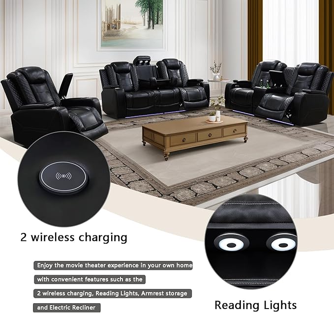 A Ainehome Power Leather Recliner Sofa Set with LED Lights, Recliner Sofa Sectional Couches for Living Room, Reclining Sofa, loveseat, Chair with USB Port/Storage Console/Cup Holder(black,3-piece set)