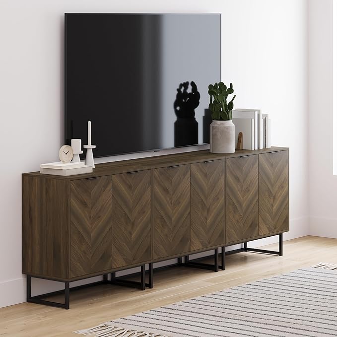 Nathan James Enloe Modern Sideboard Buffet Storage Accent Cabinet TV Stand with Doors in Rustic Walnut Finish and Black Matte Metal Base for Hallway, Kitchen or Living Room, Walnut/Black, Set of 3