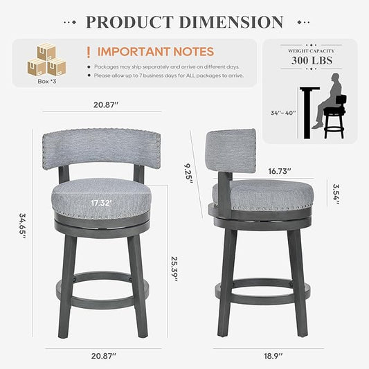 COLAMY Swivel Counter Height Bar Stools Set of 3, 25 Inch Modern Upholstered Kitchen Island Barstools with Back, Wood Swivel Bar Chairs for Counter Bar Dining Room, Grey