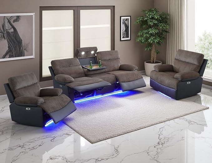 Power Recliner Sofa Set, Living Room Furniture Sets, Luxury Recliner Sofa and 2 Chairs with Cup Holders/Charging, Corduroy & Breathing Leather Reclining Couch for Home Theater/Office, Brown