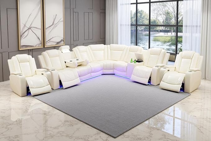 A Ainehome Living Room Furniture Reclining Sectional Sofa Set, Power Recliner Adjustable Sofa, Loveseat and Chair with USB Chargers/Storage Console for Living Room/Office/Home Theather(B-Off-White)