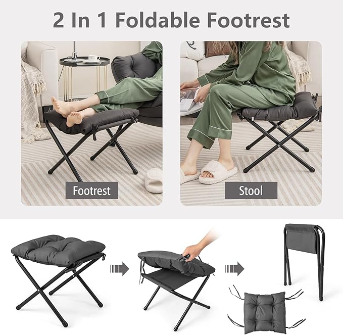 GORELAX Lazy Chair with Ottoman, Modern Accent Chair w/Armrests & Side Pocket, Upholstered Lounge Sofa Chair & Folding Footstool Set, Reading Chair for Bedroom, Living Room, Dorm Room (Grey)