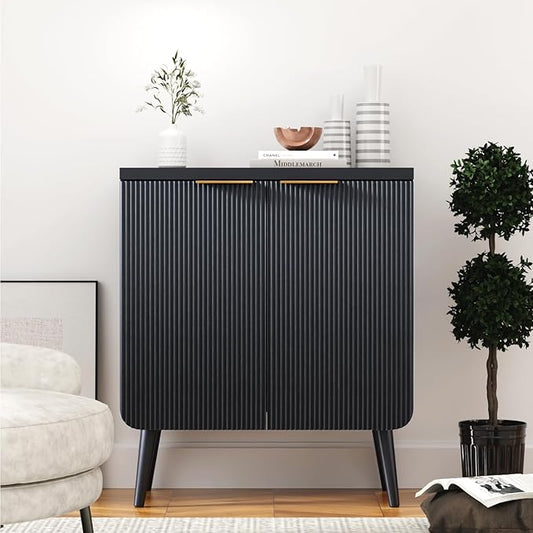 FONTOI Fluted Buffet Cabinet – Modern Wood Sideboard with 2-Doors & Shelves, Multifunctional Storage Cabinet & Credenzas for Entryway, Dining & Living Room, Black