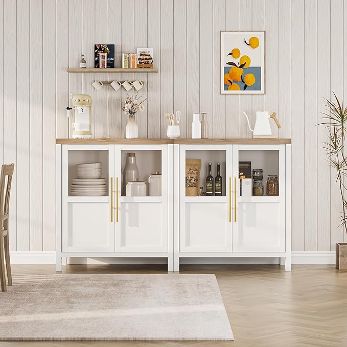GarveeHome Sideboard Buffet Cabinet with 2 Glass Doors, 29.5 in Buffet Table Coffee Bar Wine Bar Display Cabinet for Kitchen Dining Room, Living Room (Glass with 2 Doors, White)