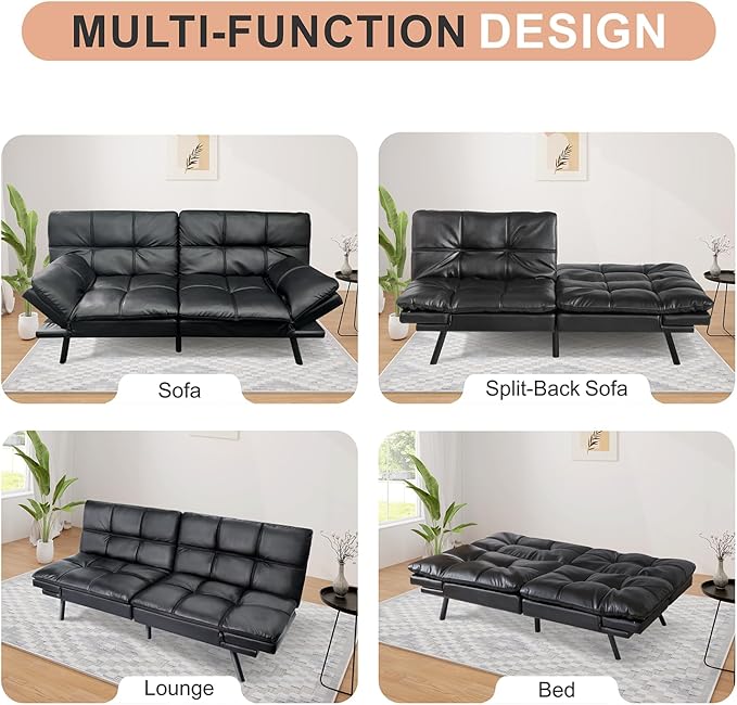 Opoiar Futon Sofa Bed, Memory Foam Futon, Convertible Futon Couch, Faux Leather Sofa Bed,Modern Loveseat Sofa,Comfy Sleeper Sofa for Compact Space,Apartment, Living Room,Easy Assemble,Black