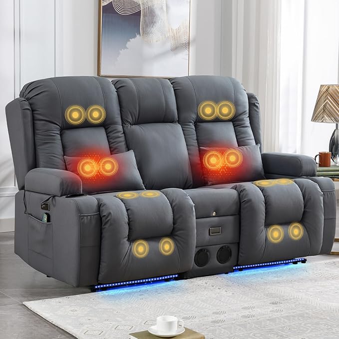 IPKIG Power Recliner Sofa with Flip-Up Backrest Console, USB & USB-C Ports, AC Outlet, LED Lights, Wall Hugger Recliners for Living Room, RV (Light Blue, 67" - 3 Seat) | Leathaire Fabric, Zero Gravity, Dual Reclining, 2 Lumabr Pillow, Bluetooth Speakers