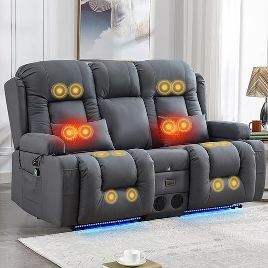 IPKIG Power Recliner Sofa with Flip-Up Backrest Console, USB & USB-C Ports, AC Outlet, LED Lights, Wall Hugger Recliners for Living Room, RV (Light Blue, 67" - 3 Seat) | Leathaire Fabric, Zero Gravity, Dual Reclining, 2 Lumabr Pillow, Bluetooth Speakers