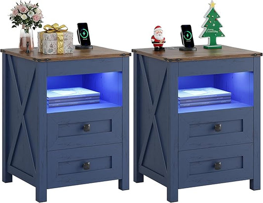 Night Stand Set 2 with Gun Drawer, Farmhouse Bedside Table with Charging Station, Gun Nightstand with LED Light & Human Sensor, Smart End Table for Bedroom, Blue