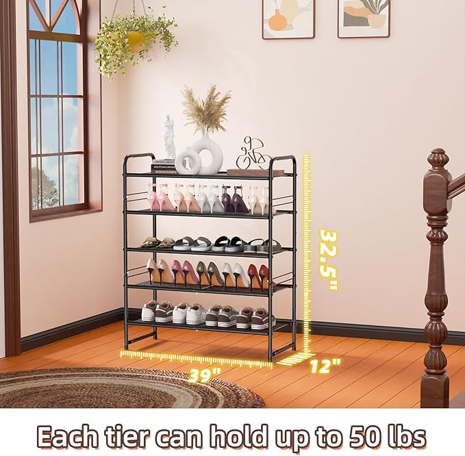 SUFAUY Shoe Rack, 5-Tier 33" Wide Shoe Storage Rack for 24-30 Pairs of Shoes, Mesh Shoe Organizer for Entryway Closet, Steel Frame, Industrial, Black