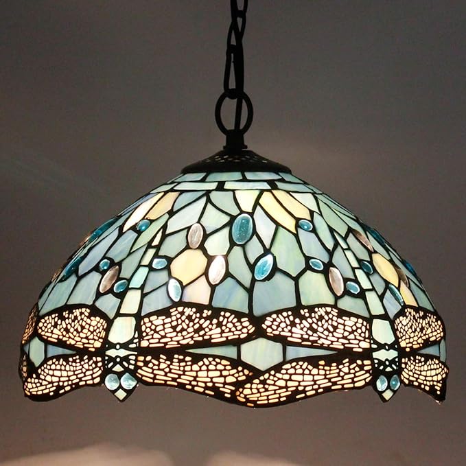 WERFACTORY Tiffany Lamp Shade Replacement 12X6 Inch Sea Blue Stained Glass Dragonfly Style Lampshade Only with Cap fit for Table lamp Pendant Light Ceiling Fixture (Part Not Included) S147 Series