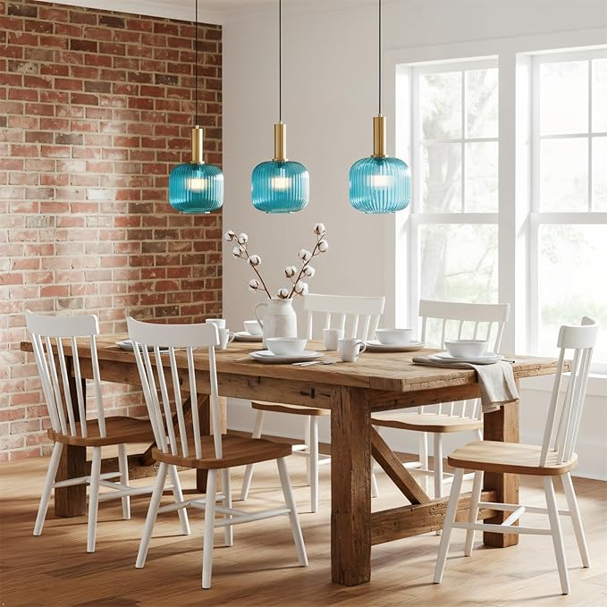 Plug in Pendant Light, Blue Ribbed Glass Hanging Lamp with Plug in Cord Adjustable, Coastal Plug in Hanging Light with On/Off Switch for Kitchen Dining Room Living Room Bedroom