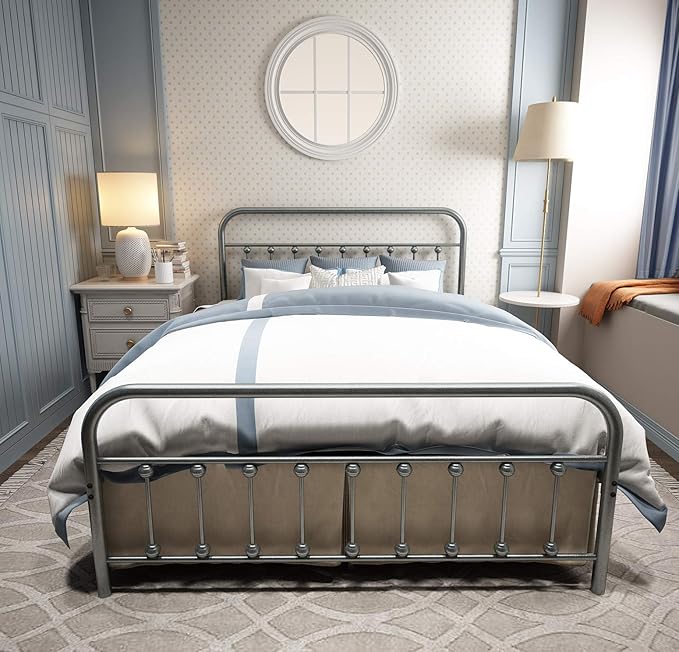 NEEBIRGELIA Metal Bed Frame Queen Size with Headboard and Footboard Single Platform Mattress Base,Metal Tube and Iron-Art Bed（Queen,Gray Silver）