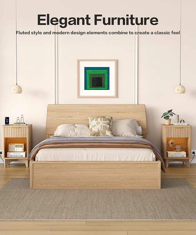 Fluted Nightstand Set of 2, Wooden Night Stand with Charging Station and LED Light, Modern Mid Century End Table with Drawer, Bedside Table for Bedroom, Natural Oak