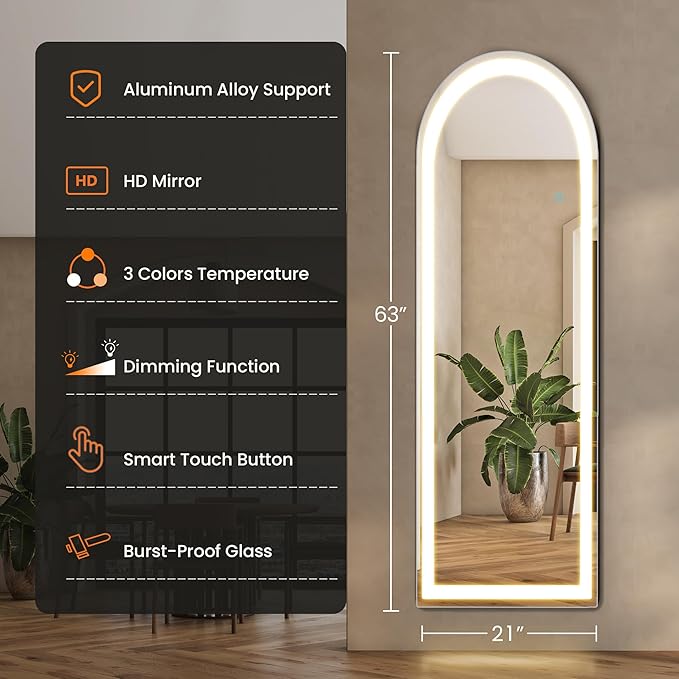 Full Length Mirror with LED Lights, 63" x 21" Arched Floor Mirror with Dimming & 3 Color Lighting, LED Body Mirrors for Home Decor, Tall Arch Aluminum Frame Mirrors for Bedroom Cloakroom