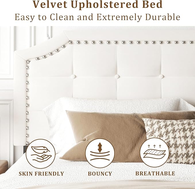 King Size Bed Frame, King Size Platform Bed Frame with Upholstered Button Tufted Headboard, Strong Wood Slats, No Box Spring Needed, Mattress Foundation, Easy Assembly Beige