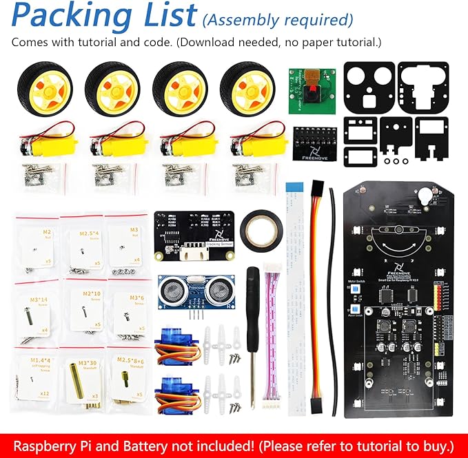 Freenove 4WD Smart Car Kit for Raspberry Pi 5 4 B 3 B+ Zero 2 W, Face Tracking, Line Tracking, Light Tracing, Obstacle Avoidance, App Control, Camera, Servo (Raspberry Pi NOT Included)