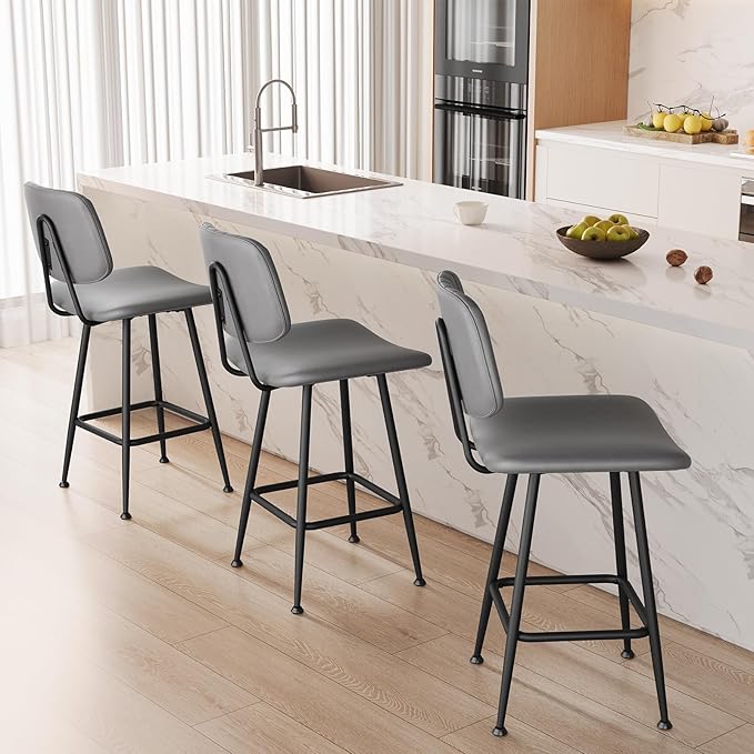 24-Inch Leather Bar Stools Set of 3, Counter Height Barstools with High Backrest，Bar Chairs for Kitchen Island with Heavy Duty Metal Base, Gray