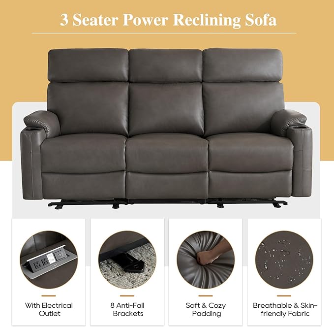3 Seater Recliner Sofa Power Reclining Sofa,Power Recliner Couch 3 Seats with Extended Footrest for Living Room (Charcoal Gray)