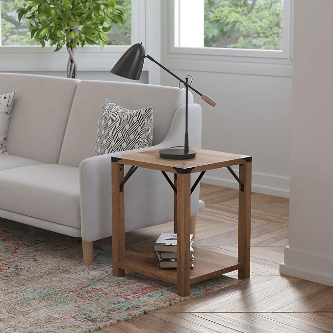 Flash Furniture Wyatt Modern Farmhouse 2 Tier Side Table - Rustic Oak Engineered Wood Frame - Black Metal Crisscross Side Braces and Corner Accents