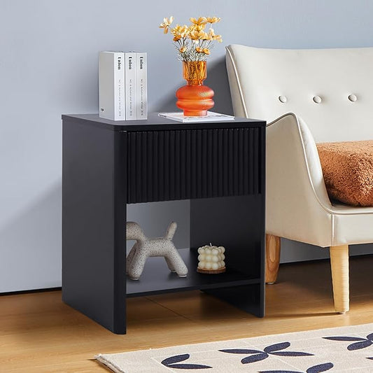 Fluted 1 Drawer Small Dresser for Bedroom, Mid Century Modern Nightstand with Drawer, Low Bedside Table with Drawer, End Table Short Storage, Living Room, Dorm -Black