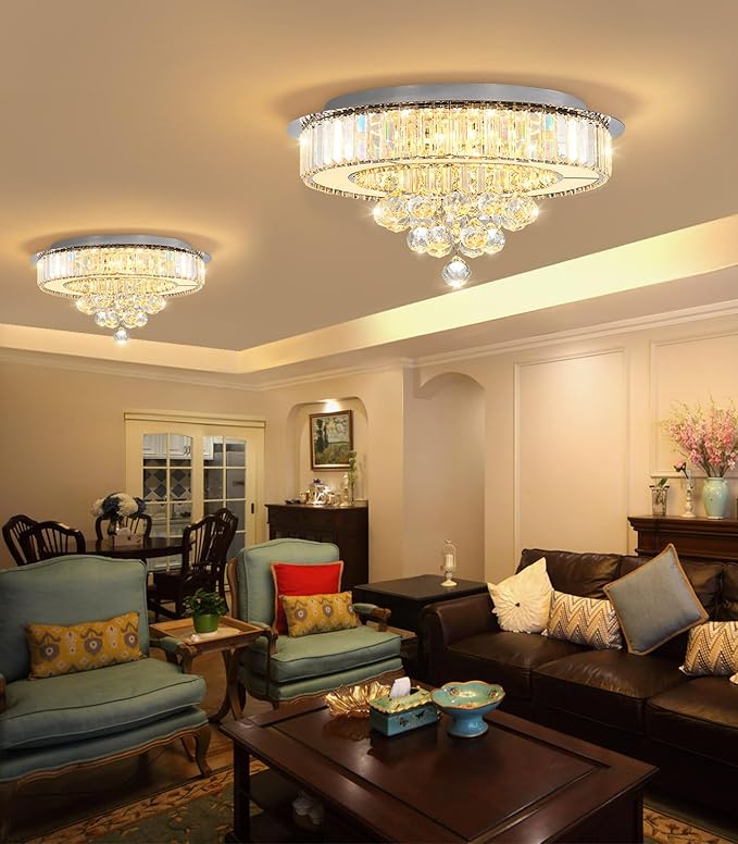 19.6'' Silver Modern Crystal Chandeliers for Dining Room LED Dimmable Light Fixtures Flush Mount Light Living Room Bedrooms