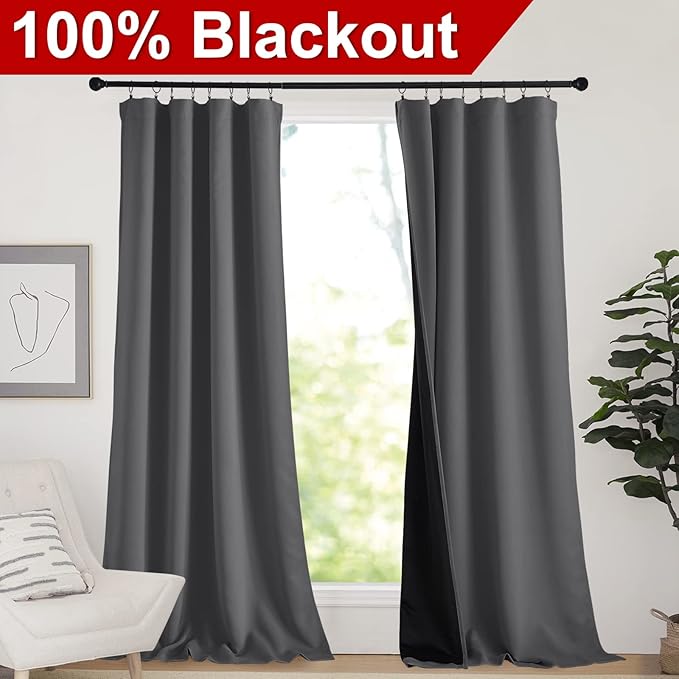 NICETOWN Total Shade Curtains and Draperies, Grey Blackout Bedroom Curtains, Heavy-Duty Rod Pocket Drapes with Black Liner Backing for Villa/Hall/Dorm Window (2 Panels, 95 inches Long)