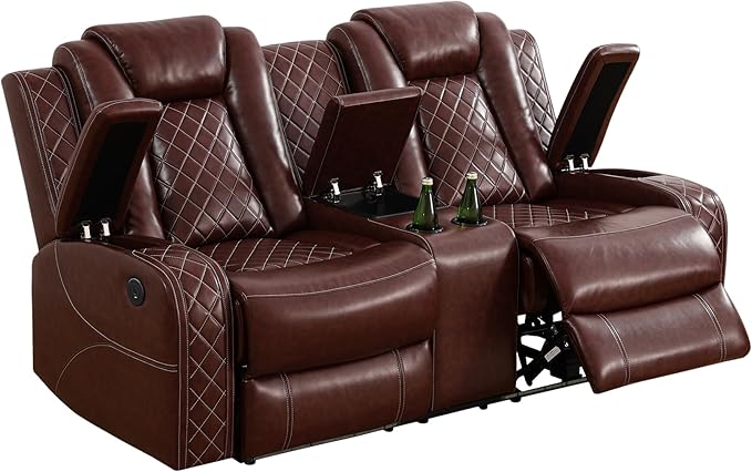Power Recliner Sofa Set for Living Room, Leather Reclining Sofa Sets with Storage Console, Living Room Furniture Sets with LED Lights(Sofa and loveseat,Wine)