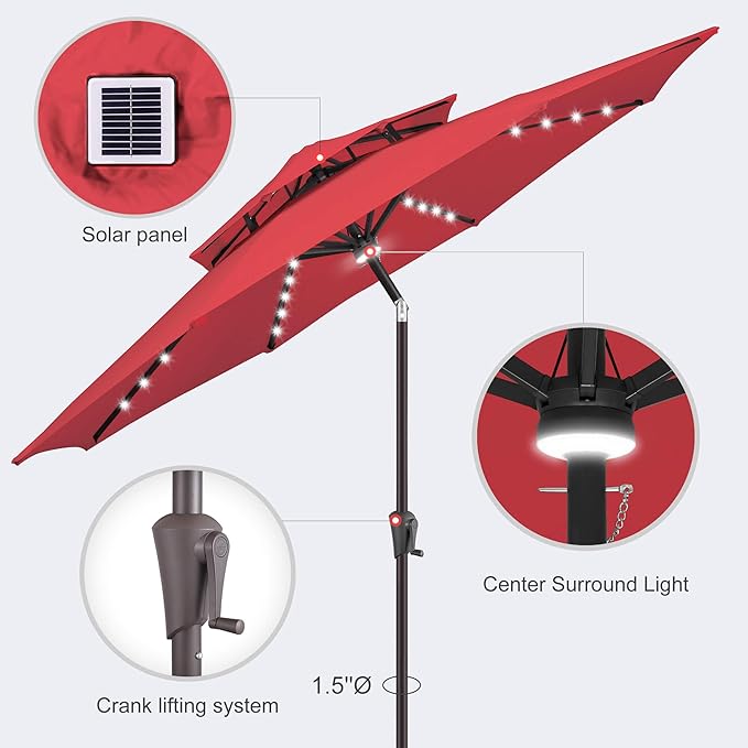 9ft Solar Umbrella Outdoor - 2 Tiers Lighted Solar Patio Umbrella with 40 LED Lights Waterprool UV Protection, Table Umbrella with Tilt for Pool, Porch, Garden, Backyard (Red)