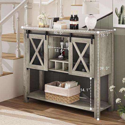 CABIHOME Coffee Bar Cabinet with Storage - Sliding Barn Door Kitchen Buffet, Wood Sideboard Console Cabinet with Wine Rack & Glass Holder for Living & Dining Room, Gray