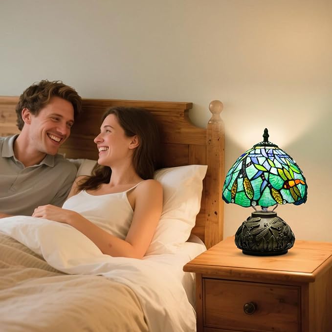 Small Tiffany Table Lamp,Stained Glass Lamp,8 Inch Mushroom Style Mini Vintage Desk Lights for Bedside, Bedroom,Nightstand,Living Room,3 Color Temperature (Wheat Ear Dragonfly)