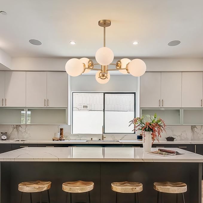 6-Lights Sputnik Chandeliers Gold Mid Century Modern Chandelier Fixture with Milk White Globe Glass, Dining Light Fixtures Ceiling Hanging for Living Room Bedroom Kitchen Island Foyer
