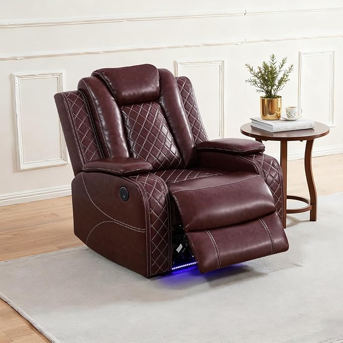 Power Leather Reclining Sofa Chair with LED Light for Adults,Single Recliner with USB Port/Storage,Leather Couch for Living Room Furniture Sets/RV Car/Home Theater/Office(1 Seat,Burgundy)