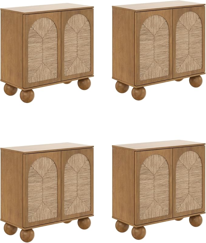 Nathan James Leah Boho TV Stand or Sideboard Cabinet for Kitchen or Living Room with Ball-Style Feet, Natural Seagrass Door Fronts and Solid Wood Legs, Light Brown, Set of 4