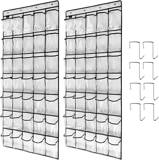 Clear Crystal 2 Pack 35 Pockets Large Hanging Shoe Organizer Over The Door Shoe Rack for Closet Door Storage Shoe Holder Hanger, 8Hooks, white