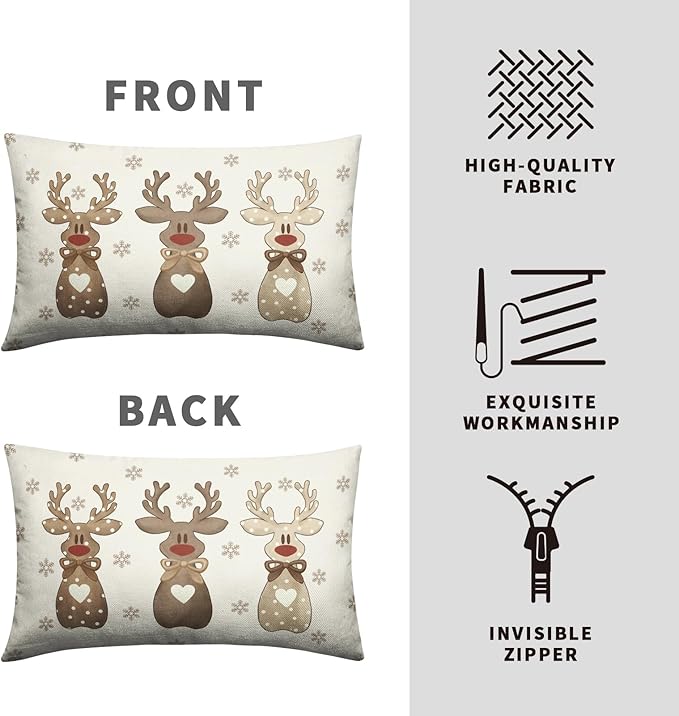 Christmas Reindeer Snowflakes Lumbar Throw Pillow Covers 12x20 Set of 2 Xmas Polka Dot Love Heart Bow Cute Brown Elk Deer Rectangle Pillow Cases Winter Holiday Decor for Home Couch