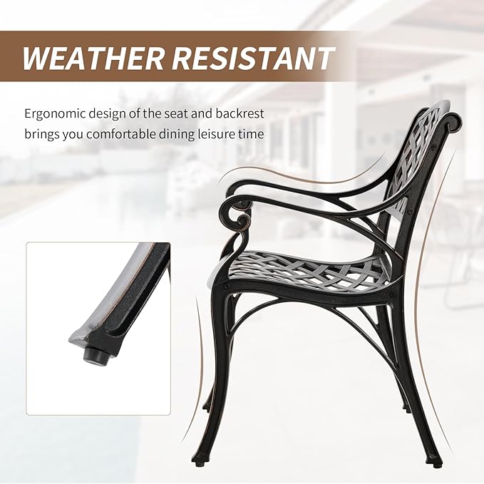 Outdoor Cast Aluminum Chairs Set of 2, Patio Dining Chair with Armrest, All-Weather Patio Bistro Chair Set with Adjustable Foot Pads for Balcony, Lawn, Garden, Backyard